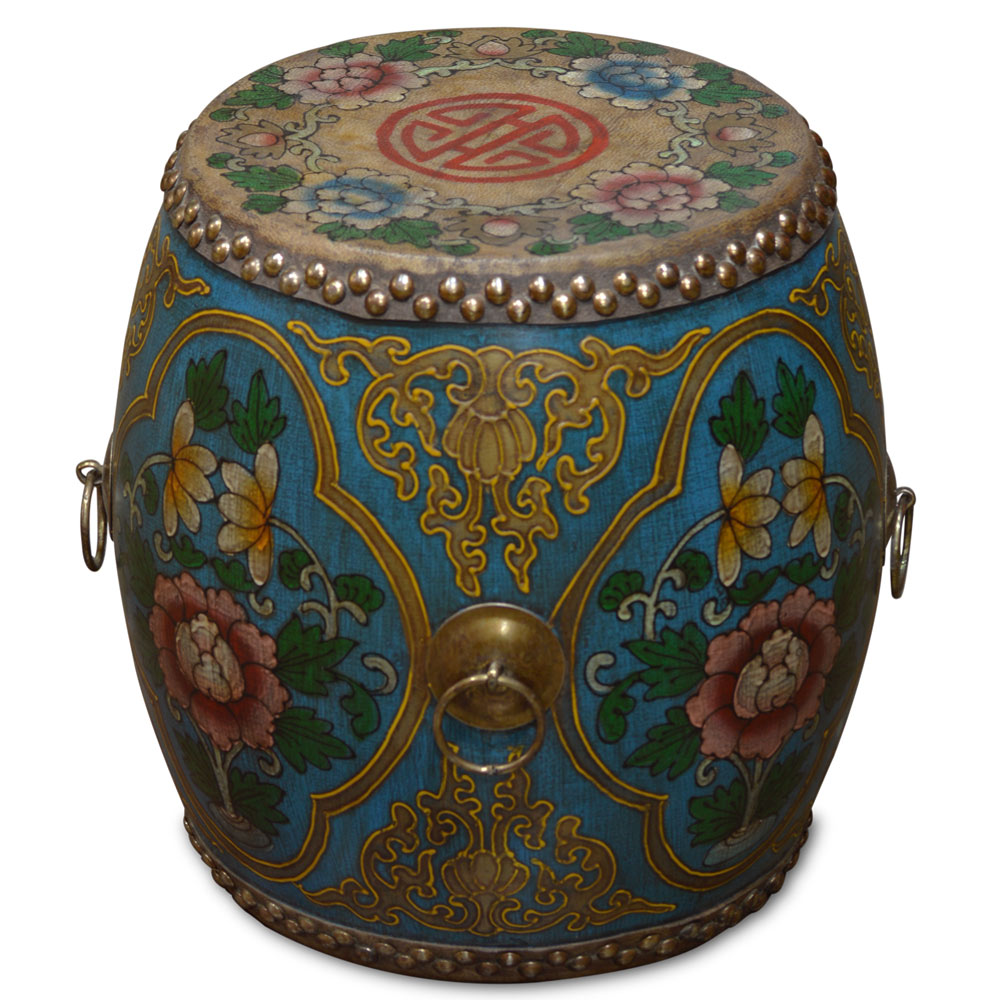 Blue Tibetan Ceremonial Drum with Hand Painted Floral Art