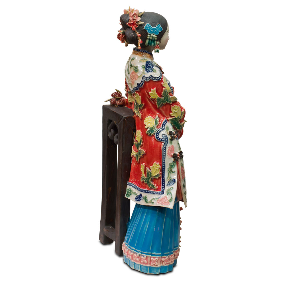 Chinese Porcelain Figurine, Shi Wan Lady in Red Leaning on Pedestal