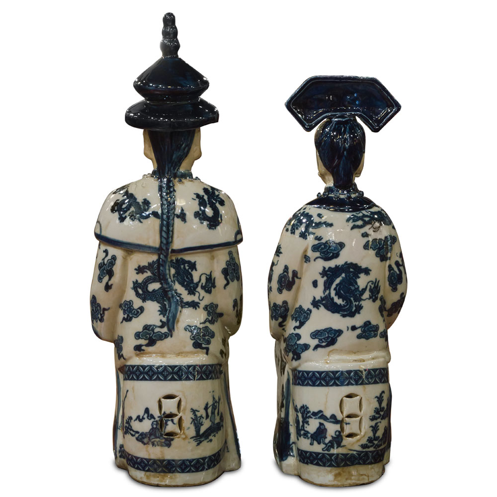 Blue and White Porcelain Qing Emperor and Empress Chinese Statue Set