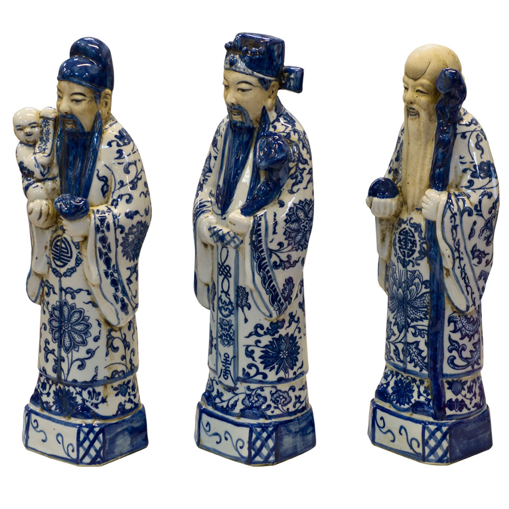 Blue and White Porcelain Three Lucky Gods Chinese Statue Set