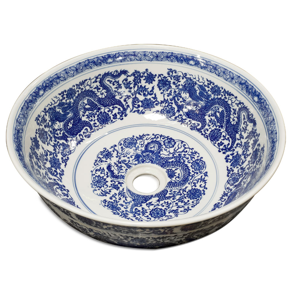 Blue and White Porcelain Dragon Motif Oriental Basin