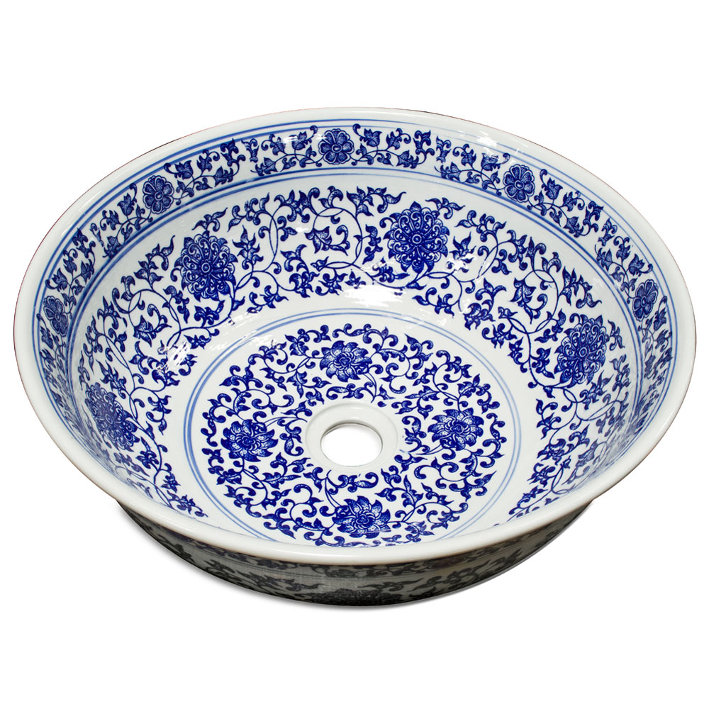 Blue and White Porcelain Floral Motif Oriental Basin