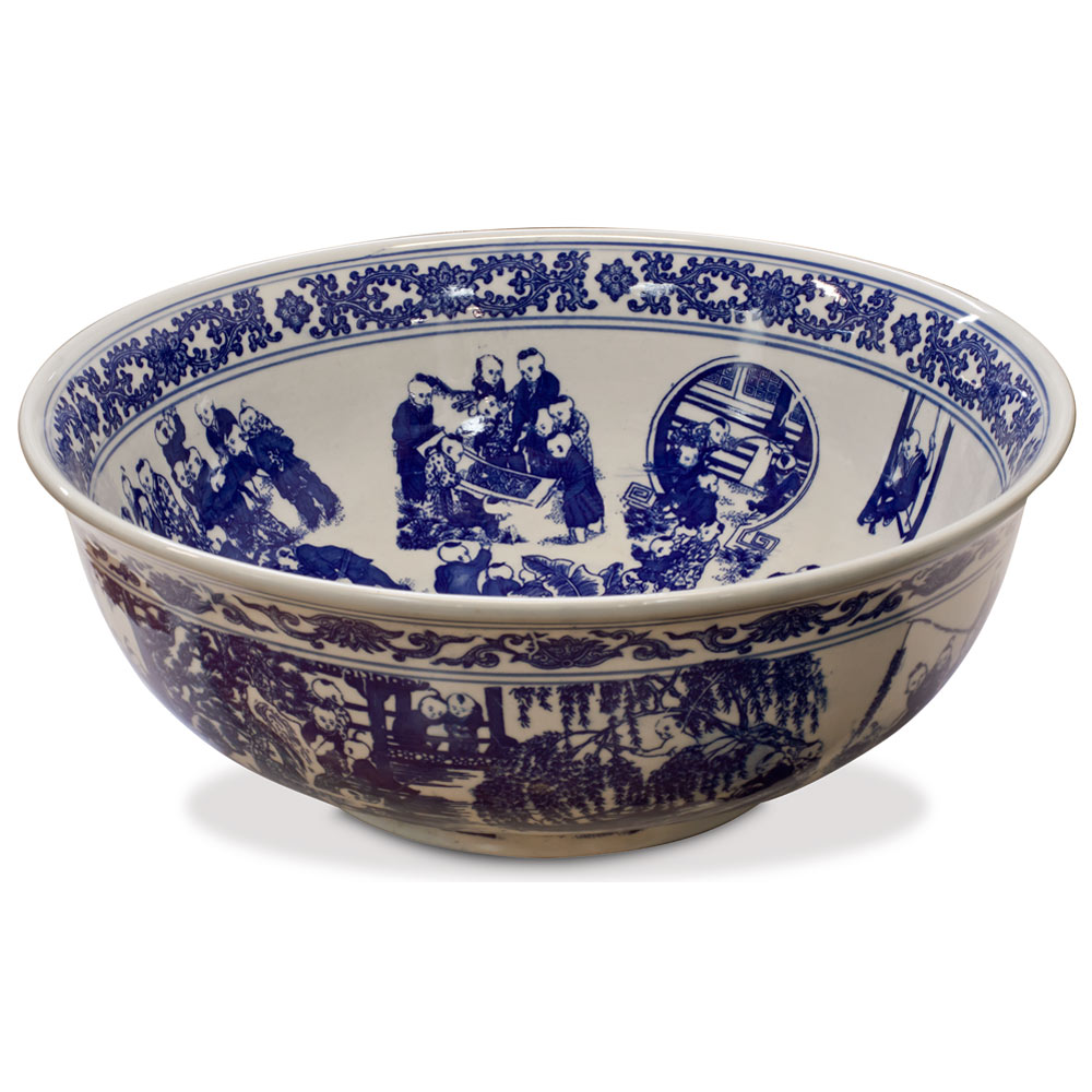 Blue and White Porcelain Schoolyard Scene Oriental Basin