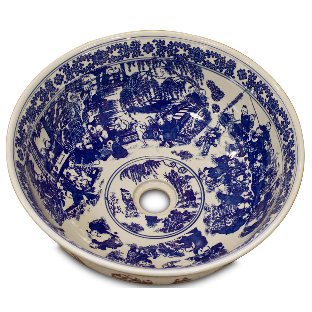 Blue and White Porcelain Schoolyard Scene Oriental Basin