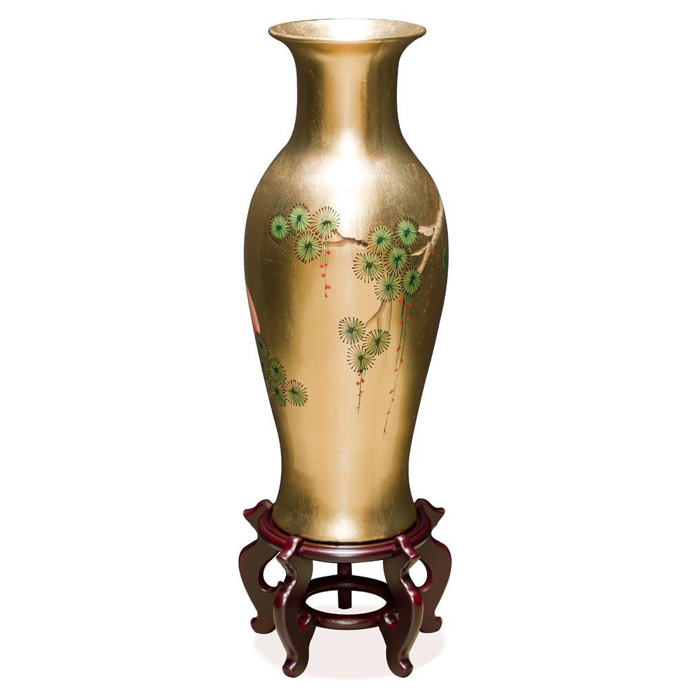 24 Inch Gold Leaf Longevity Cranes Oriental Vase