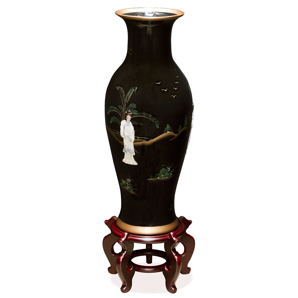 24 Inch Black Lacquer Mother of Pearl Oriental Porcelain Vase