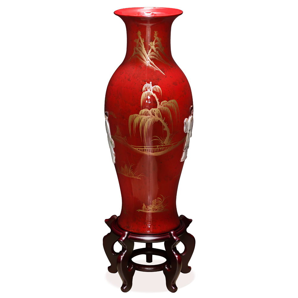 24 Inch Red Lacquer Mother of Pearl Oriental Porcelain Vase