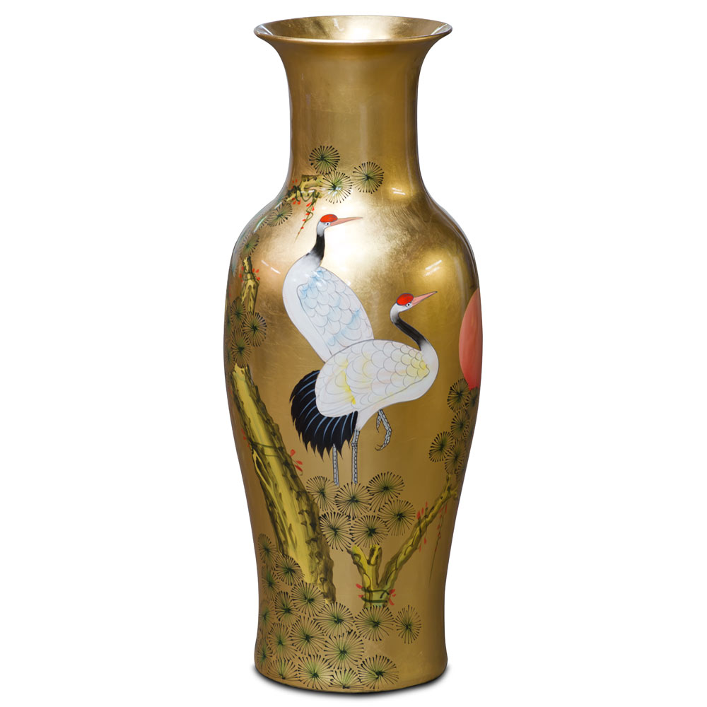 36 Inch Gold Leaf Longevity Cranes Oriental Vase