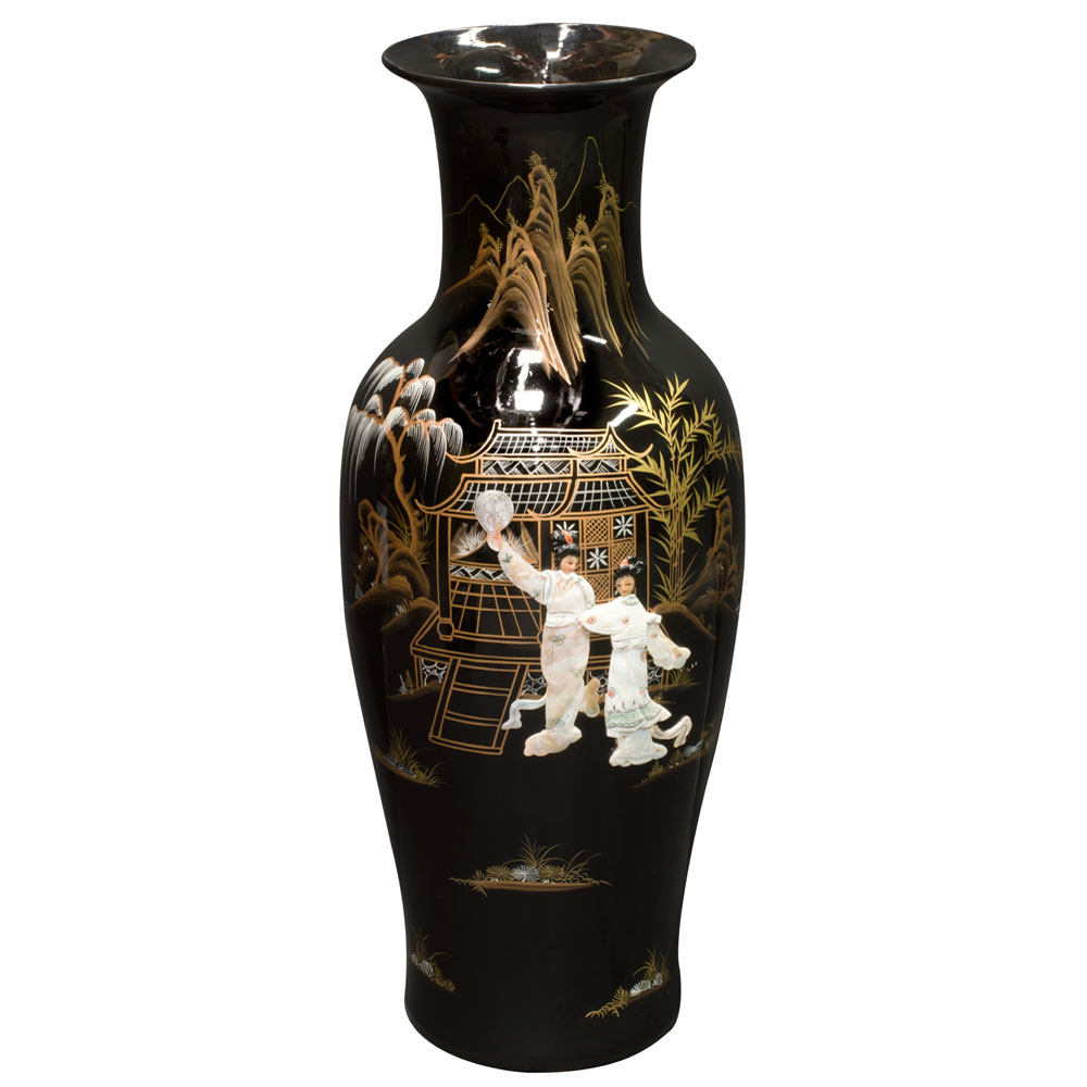 37.5 Inch Black Lacquer Mother of Pearl Oriental Porcelain Vase