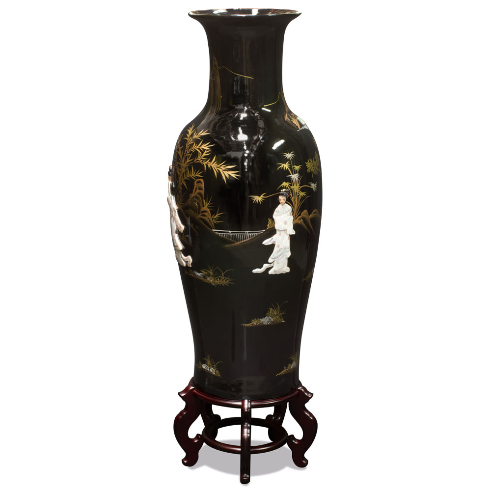 37.5 Inch Black Lacquer Mother of Pearl Oriental Porcelain Vase