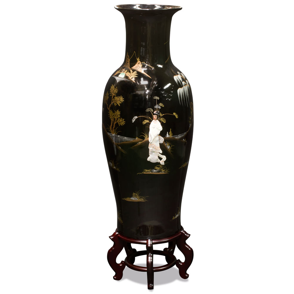 37.5 Inch Black Lacquer Mother of Pearl Oriental Porcelain Vase