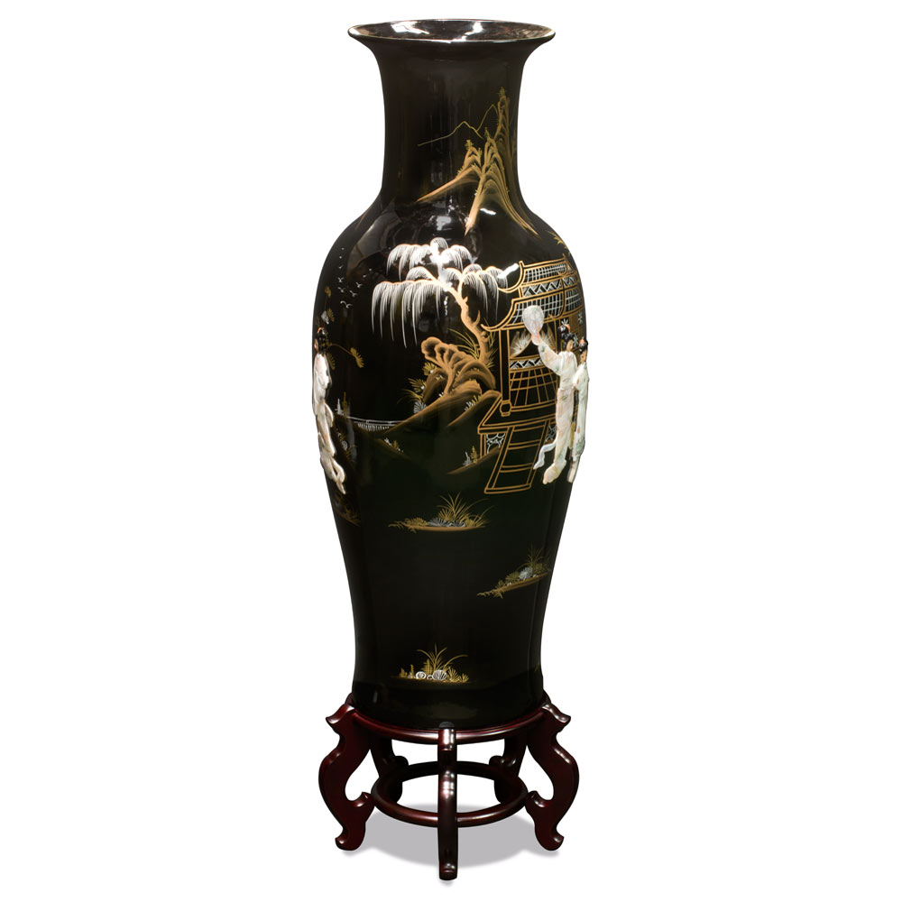 37.5 Inch Black Lacquer Mother of Pearl Oriental Porcelain Vase