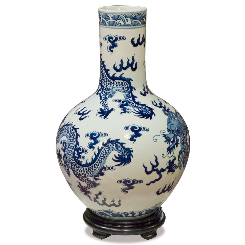 Blue and White Porcelain Imperial Dragon Motif Oriental Temple Vase