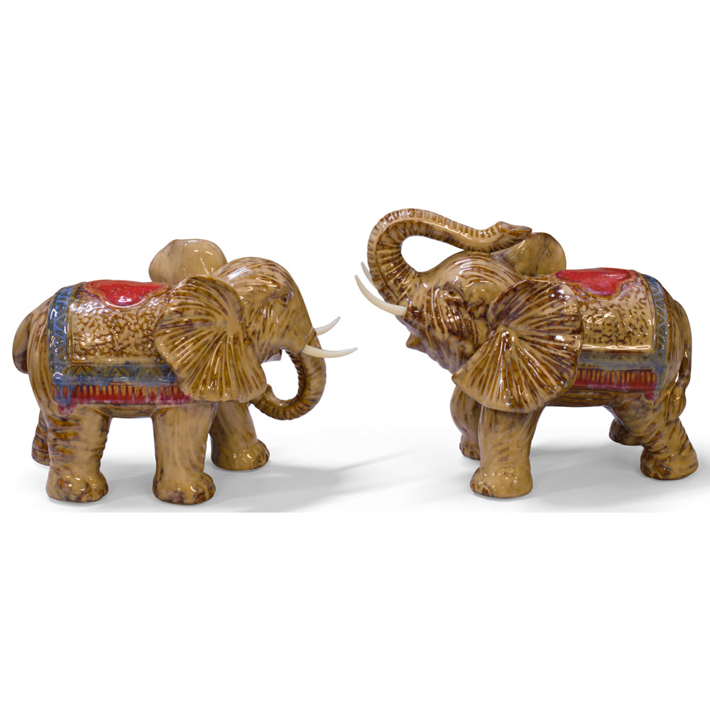 Porcelain Double Happiness Elephant Asian Statue Set