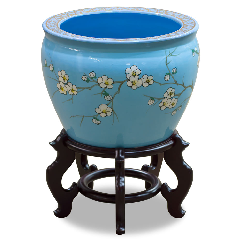 12 Inch Light Blue Porcelain Cherry Blossom Chinese Fishbowl Planter