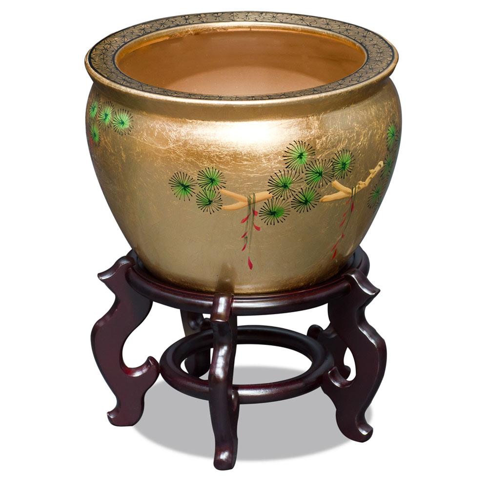 12 Inch Gold Leaf Longevity Cranes Chinese Fishbowl Planter