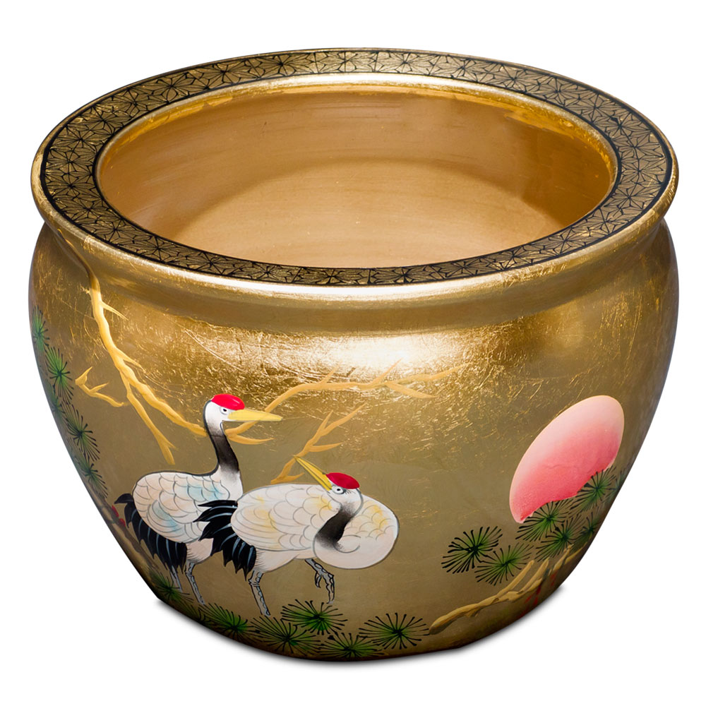 12 Inch Gold Leaf Longevity Cranes Chinese Fishbowl Planter