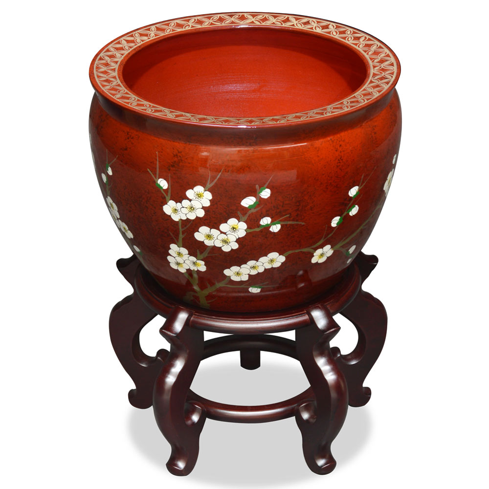 14 Inch Red Cherry Blossom Design Chinese Fishbowl Planter