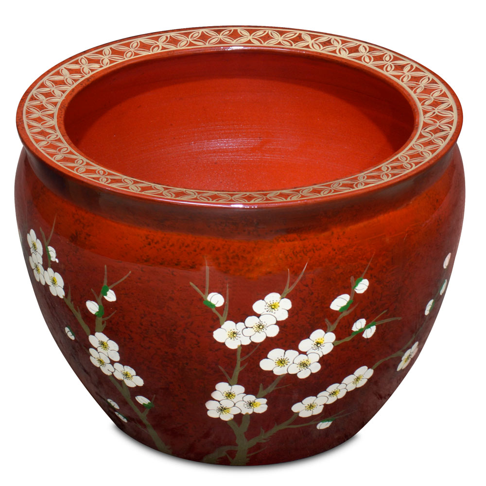 14 Inch Red Cherry Blossom Design Chinese Fishbowl Planter