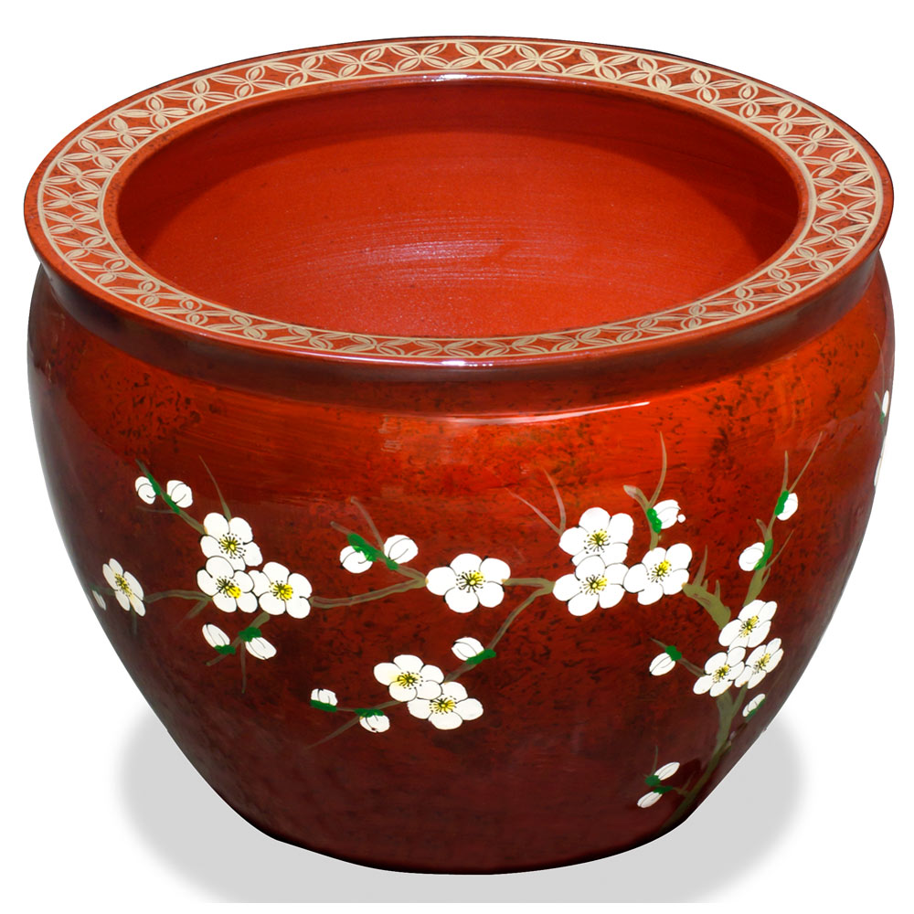 14 Inch Red Cherry Blossom Design Chinese Fishbowl Planter