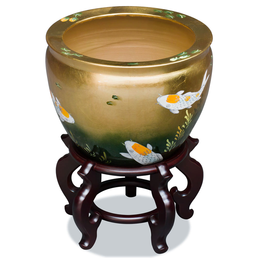 14 Inch Gold Prosperity Koi Design Chinese Fishbowl Planter