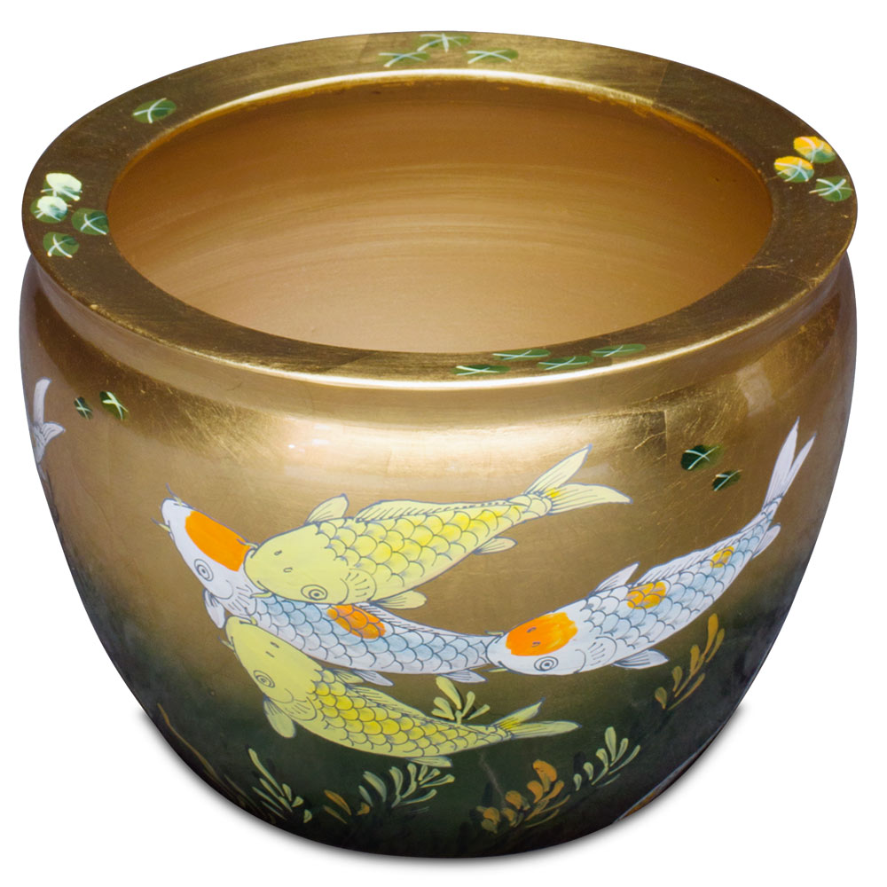 14 Inch Gold Prosperity Koi Design Chinese Fishbowl Planter