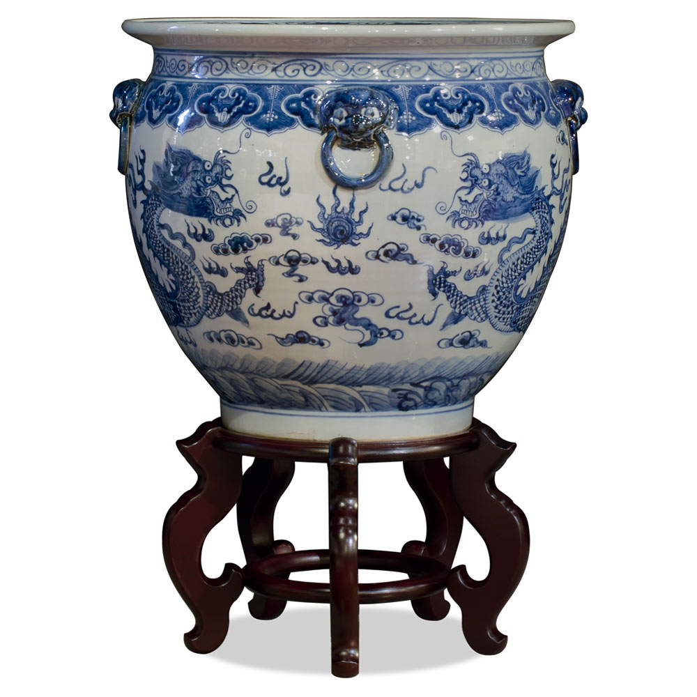 16 Inch Blue and White Porcelain Imperial Dragon Chinese Fishbowl Planter