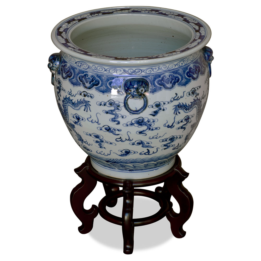 16 Inch Blue and White Porcelain Imperial Dragon Chinese Fishbowl Planter