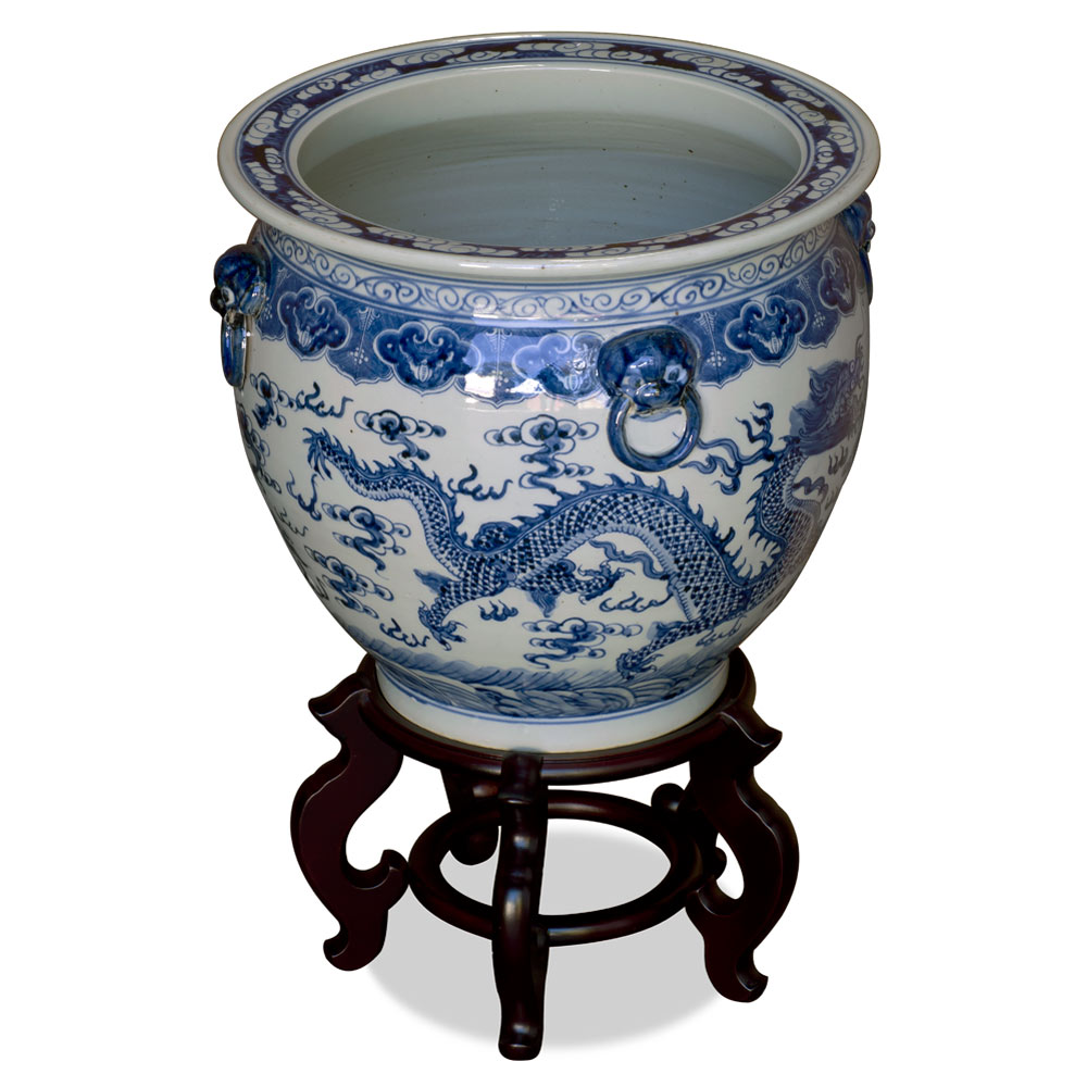 16 Inch Blue and White Porcelain Imperial Dragon Chinese Fishbowl Planter