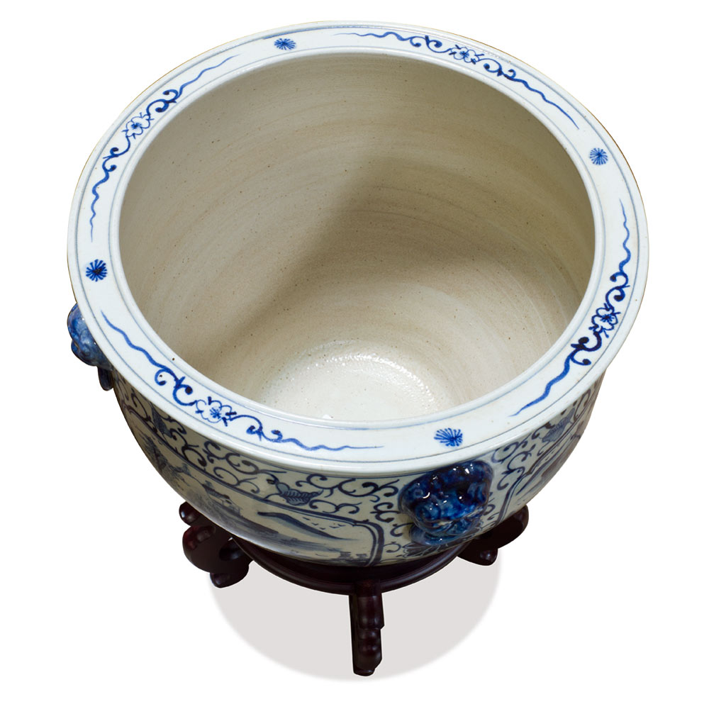 16.5 Inch Blue and White Porcelain Scenery Motif Chinese Fishbowl Planter