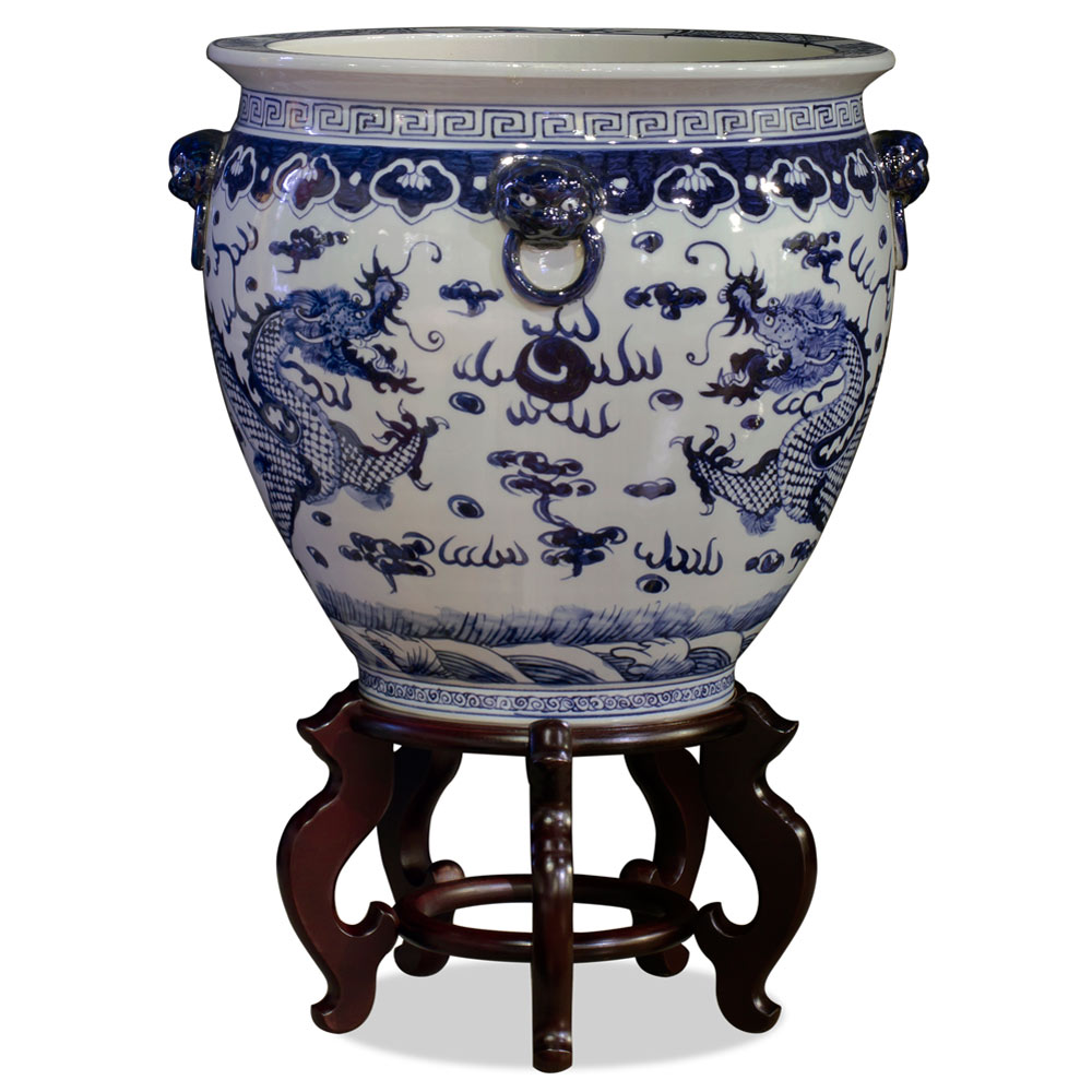 16 Inch Blue and White Porcelain Prosperity Dragon Canton Fishbowl Planter