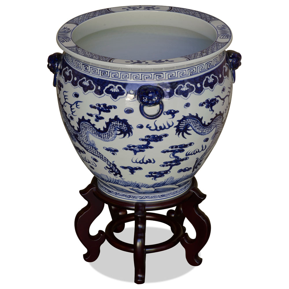 16 Inch Blue and White Porcelain Prosperity Dragon Canton Fishbowl Planter