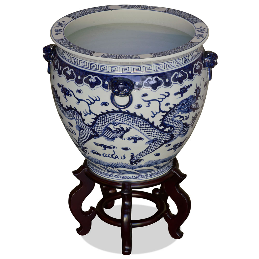 16 Inch Blue and White Porcelain Prosperity Dragon Canton Fishbowl Planter