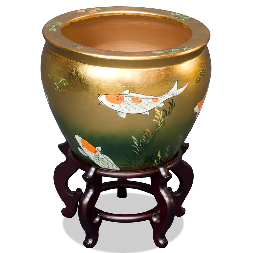 16 Inch Gold Prosperity Koi Design Chinese Fishbowl Planter