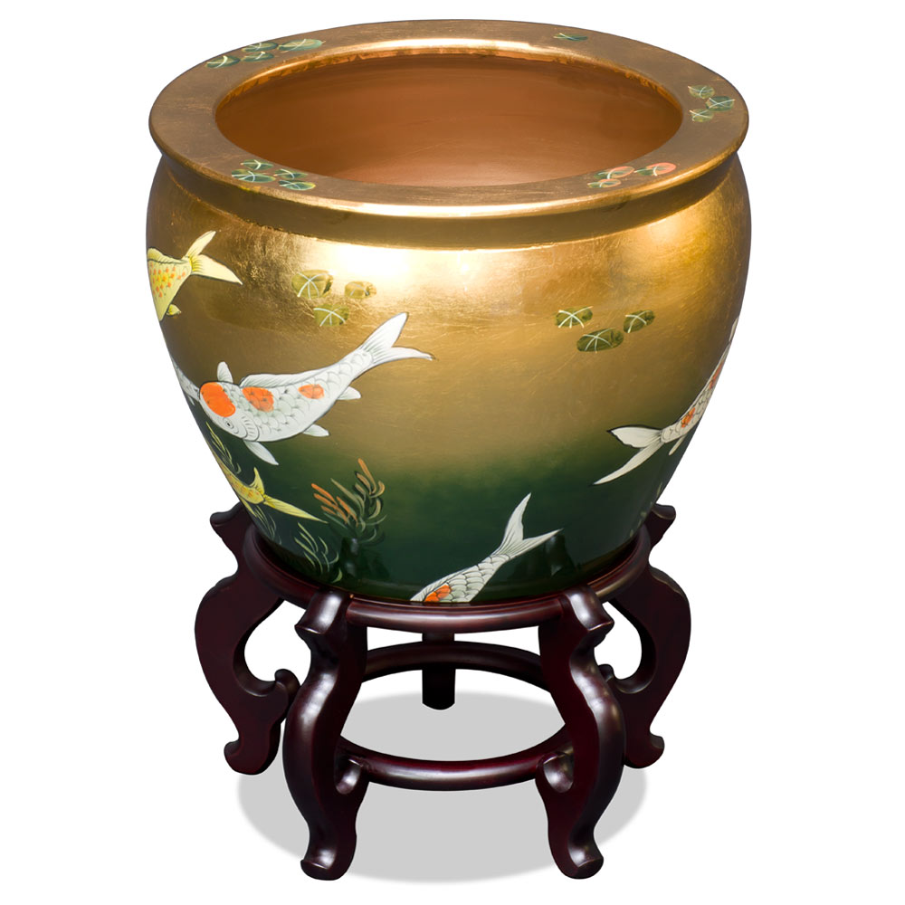 16 Inch Gold Prosperity Koi Design Chinese Fishbowl Planter