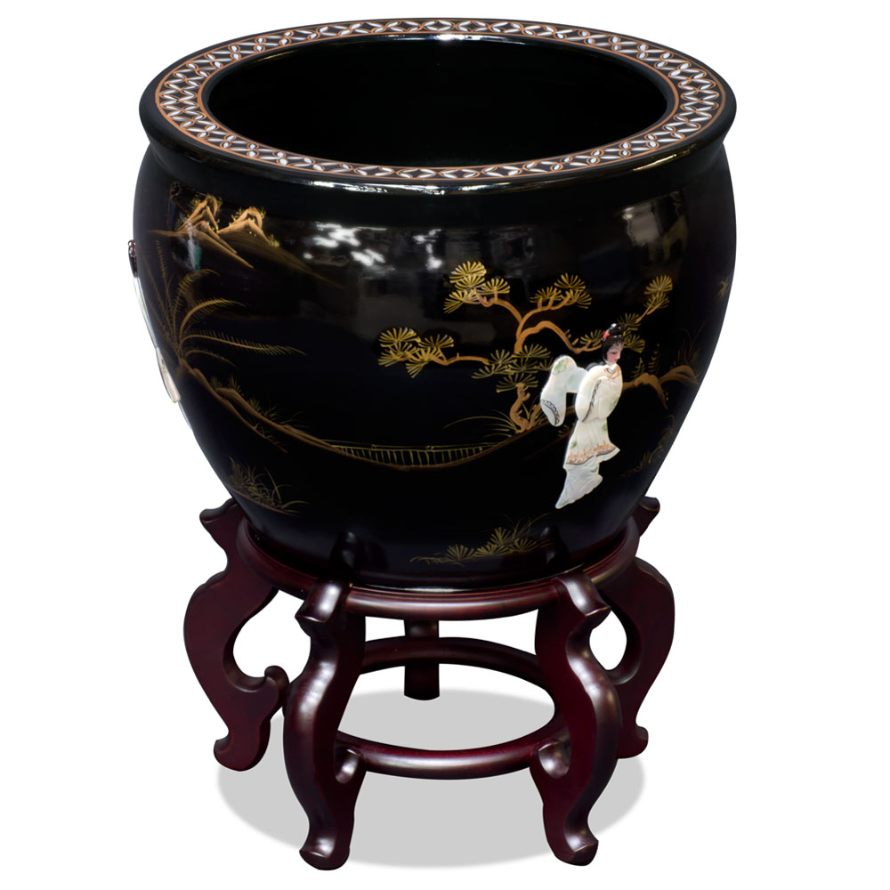 16 Inch Black Mother of Pearl Figurine Chinese Fishbowl Planter