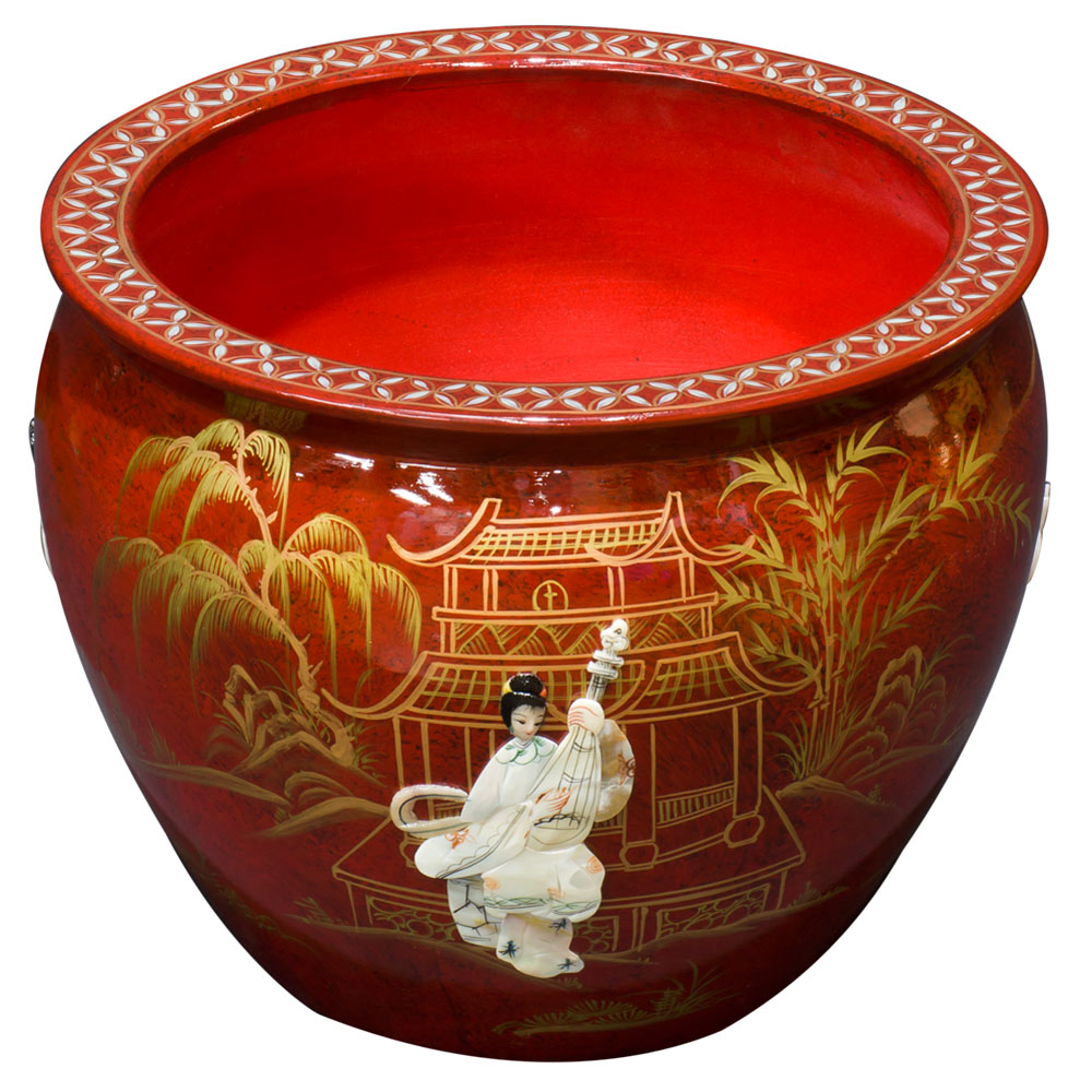 16 Inch Red Mother of Pearl Figurine Chinese Fishbowl Planter