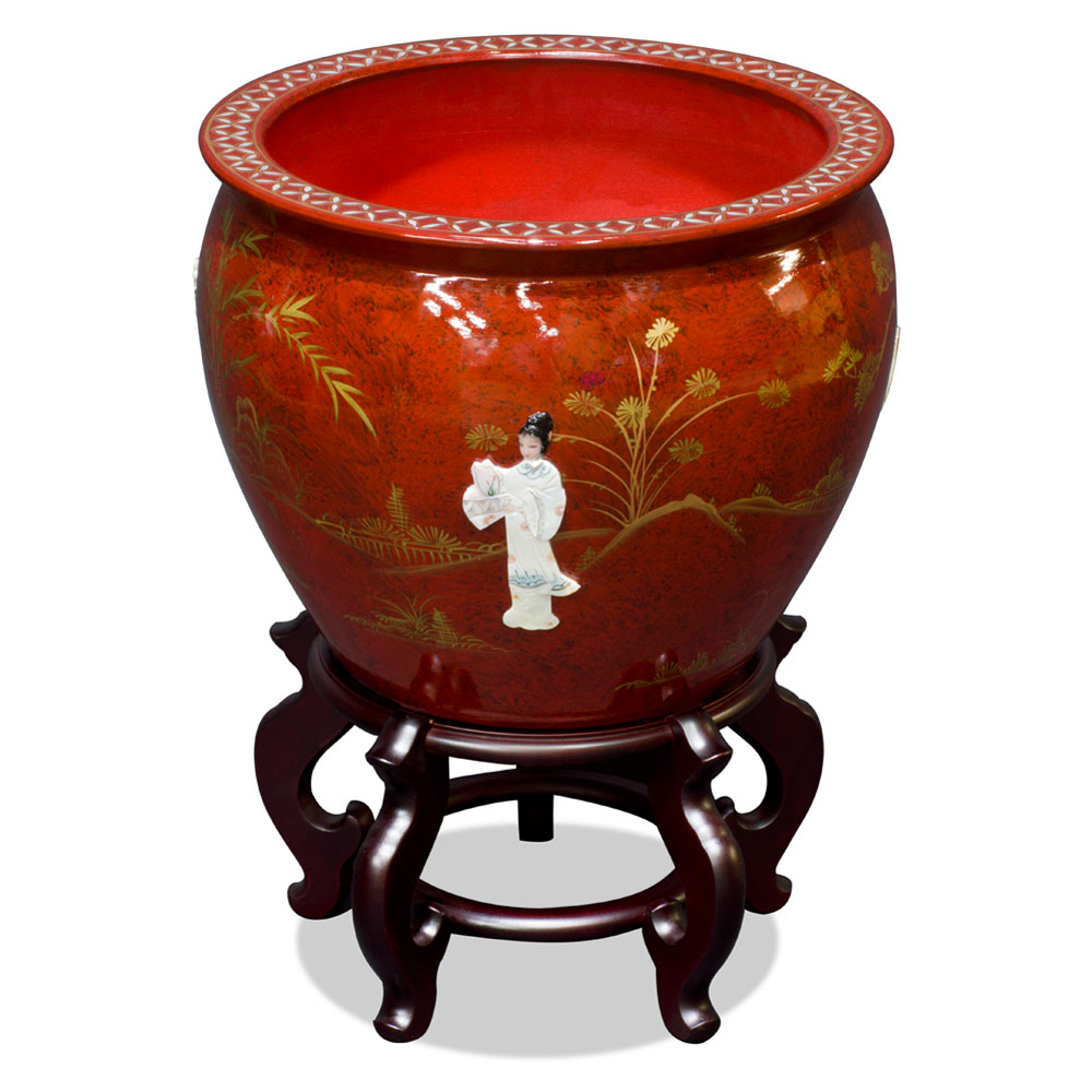 16 Inch Red Mother of Pearl Figurine Chinese Fishbowl Planter