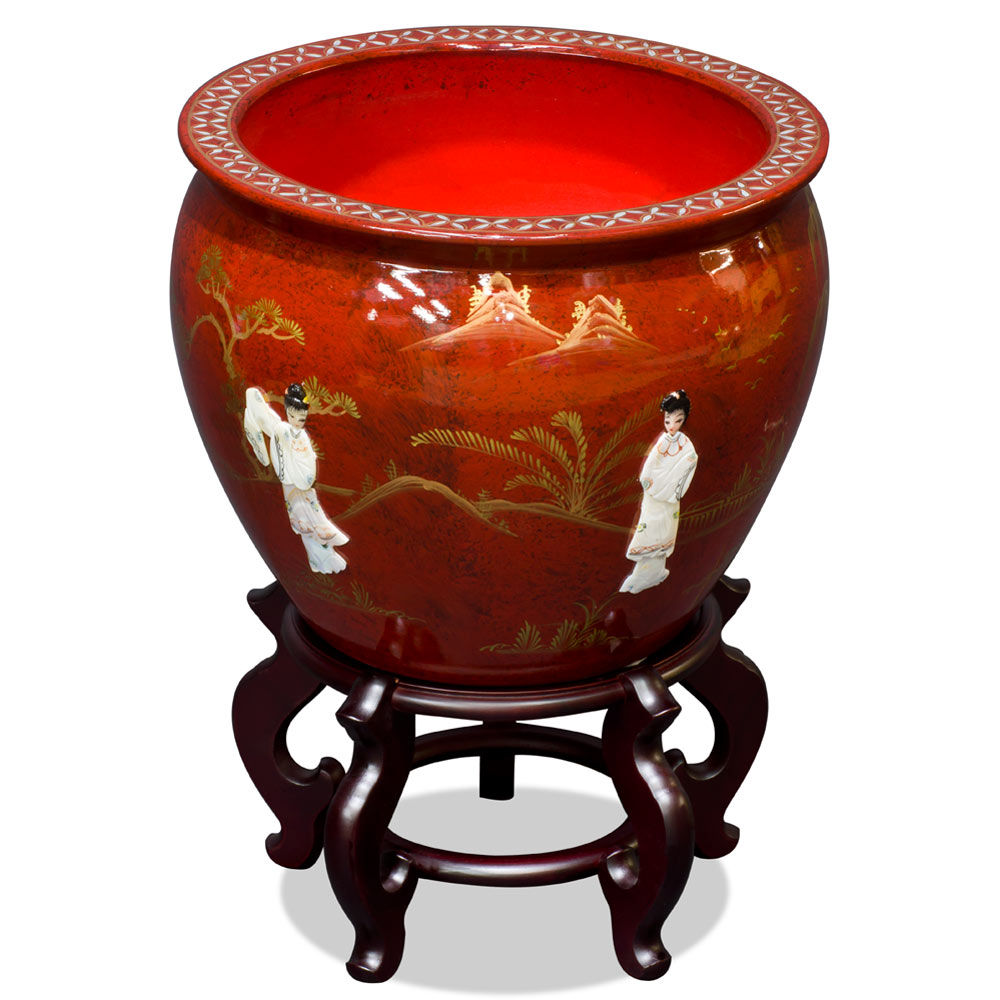 16 Inch Red Mother of Pearl Figurine Chinese Fishbowl Planter