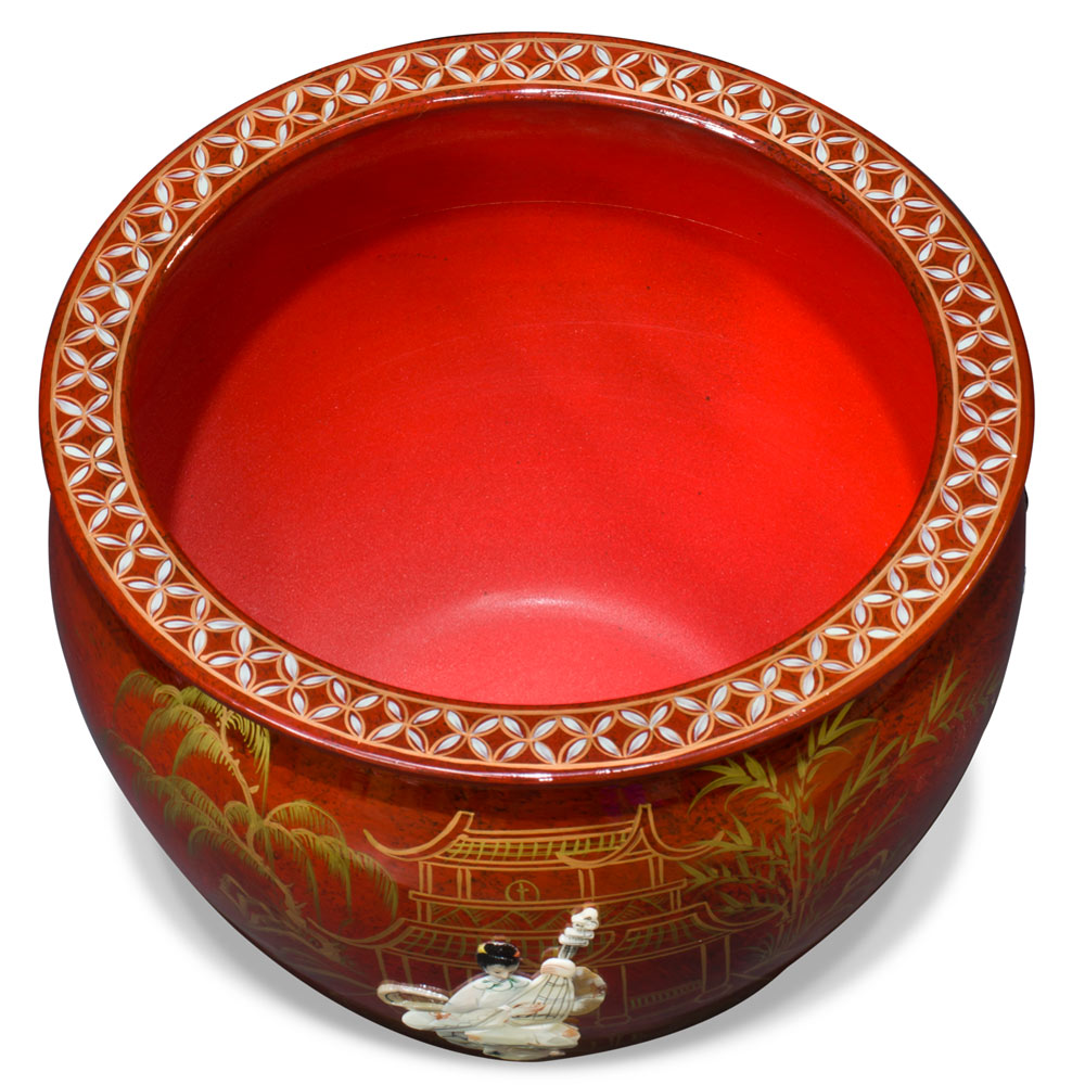 16 Inch Red Mother of Pearl Figurine Chinese Fishbowl Planter