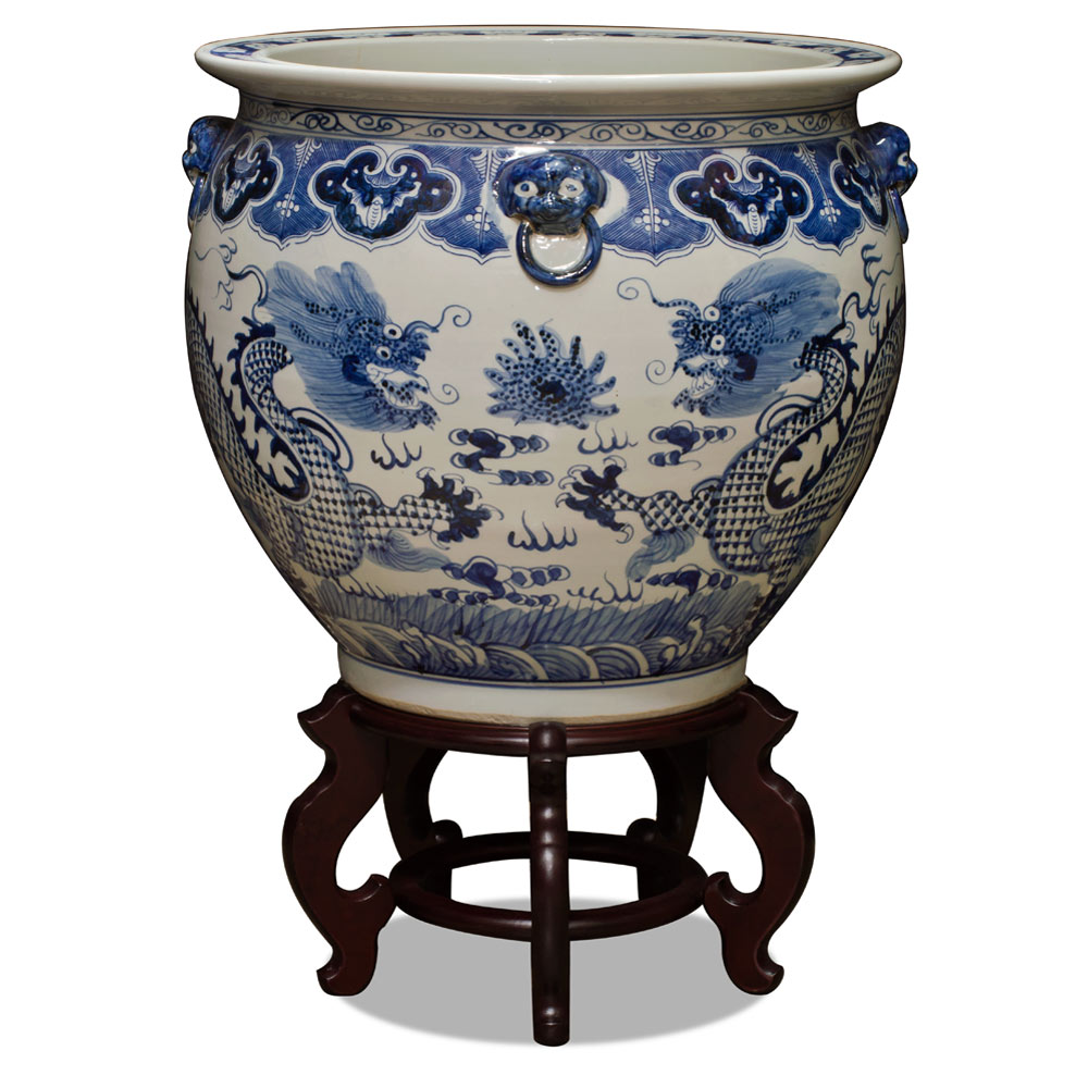 19 Inch Blue and White Porcelain Imperial Dragon Chinese Fishbowl Planter