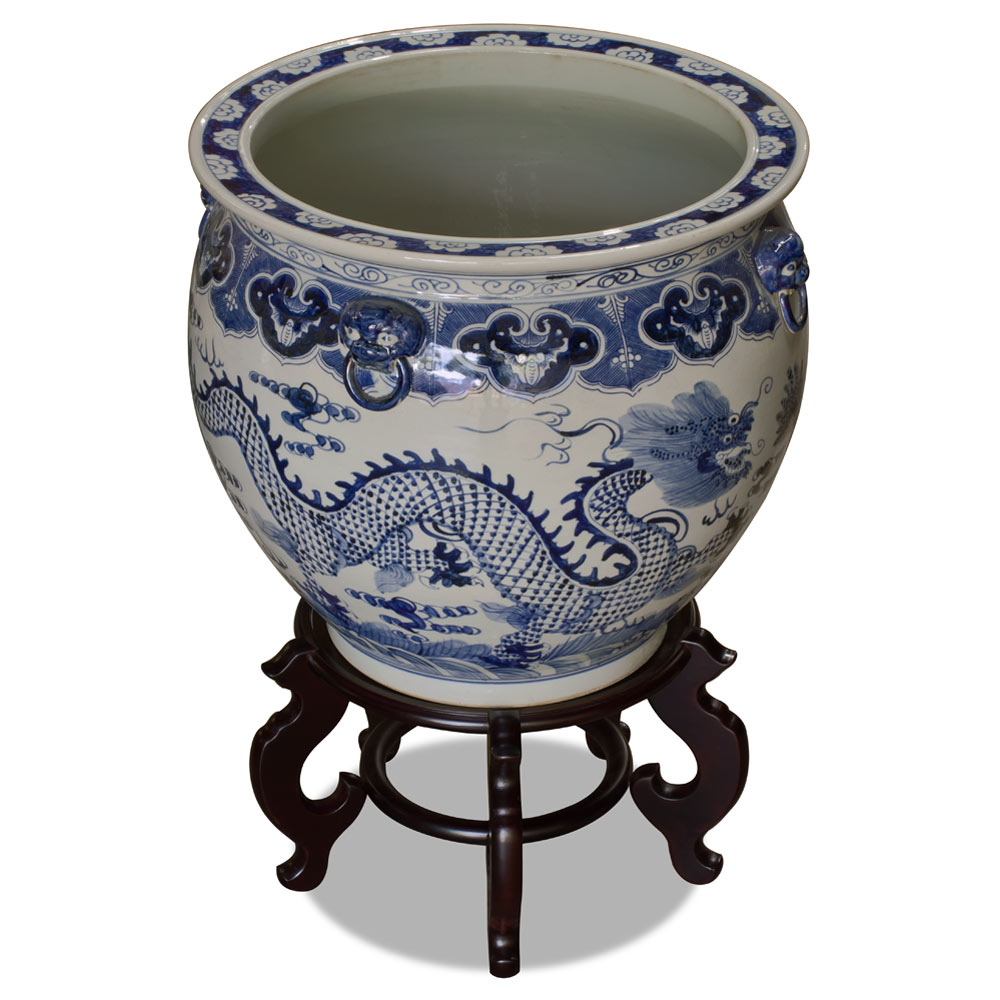 19 Inch Blue and White Porcelain Imperial Dragon Chinese Fishbowl Planter