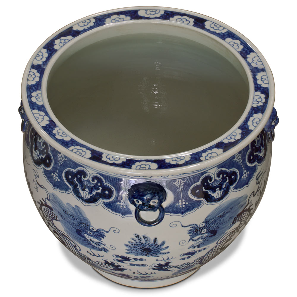 19 Inch Blue and White Porcelain Imperial Dragon Chinese Fishbowl Planter