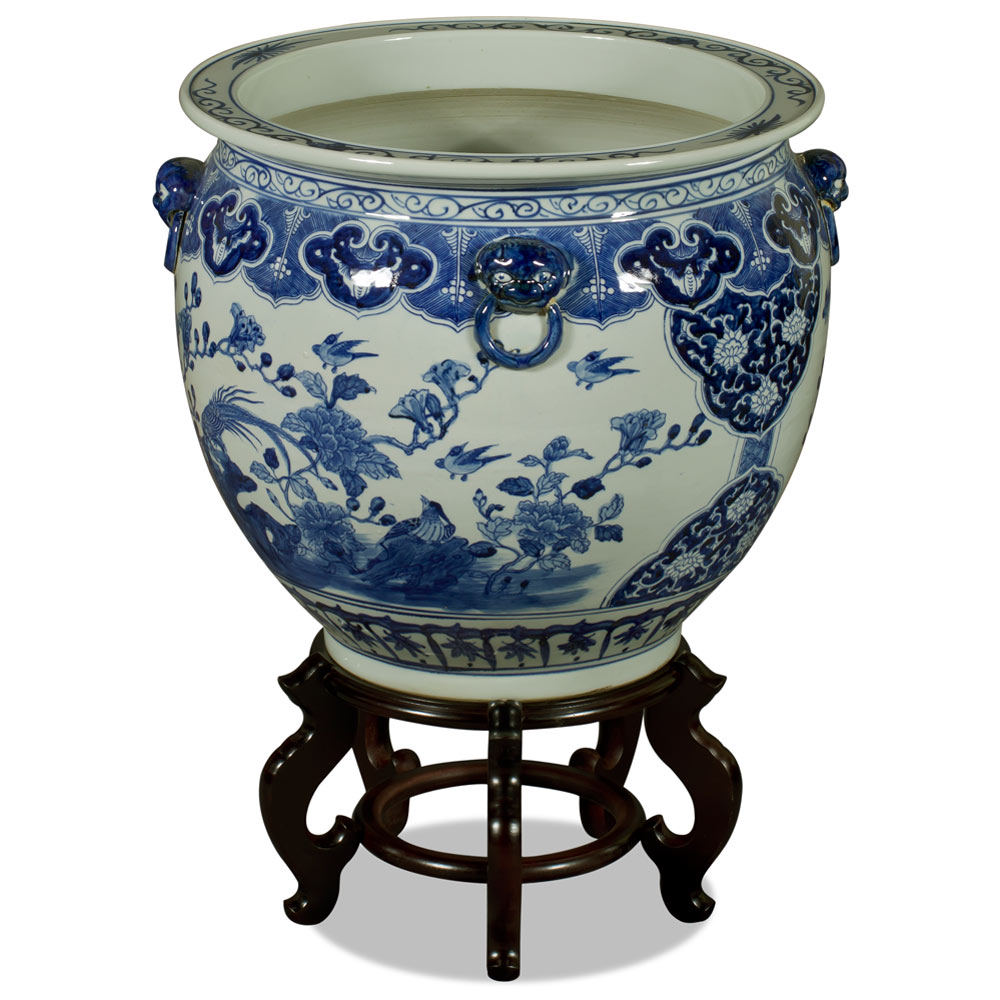 19 Inch Blue and White Porcelain Bird and Flower Chinese Fishbowl Planter