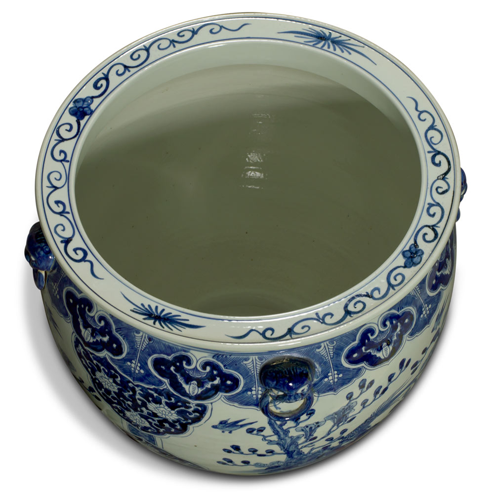 19 Inch Blue and White Porcelain Bird and Flower Chinese Fishbowl Planter