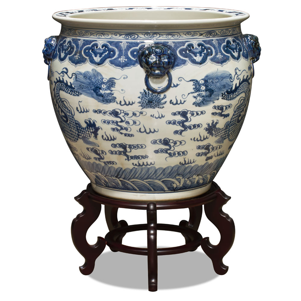 22 Inch Blue and White Porcelain Imperial Dragon Chinese Fishbowl Planter