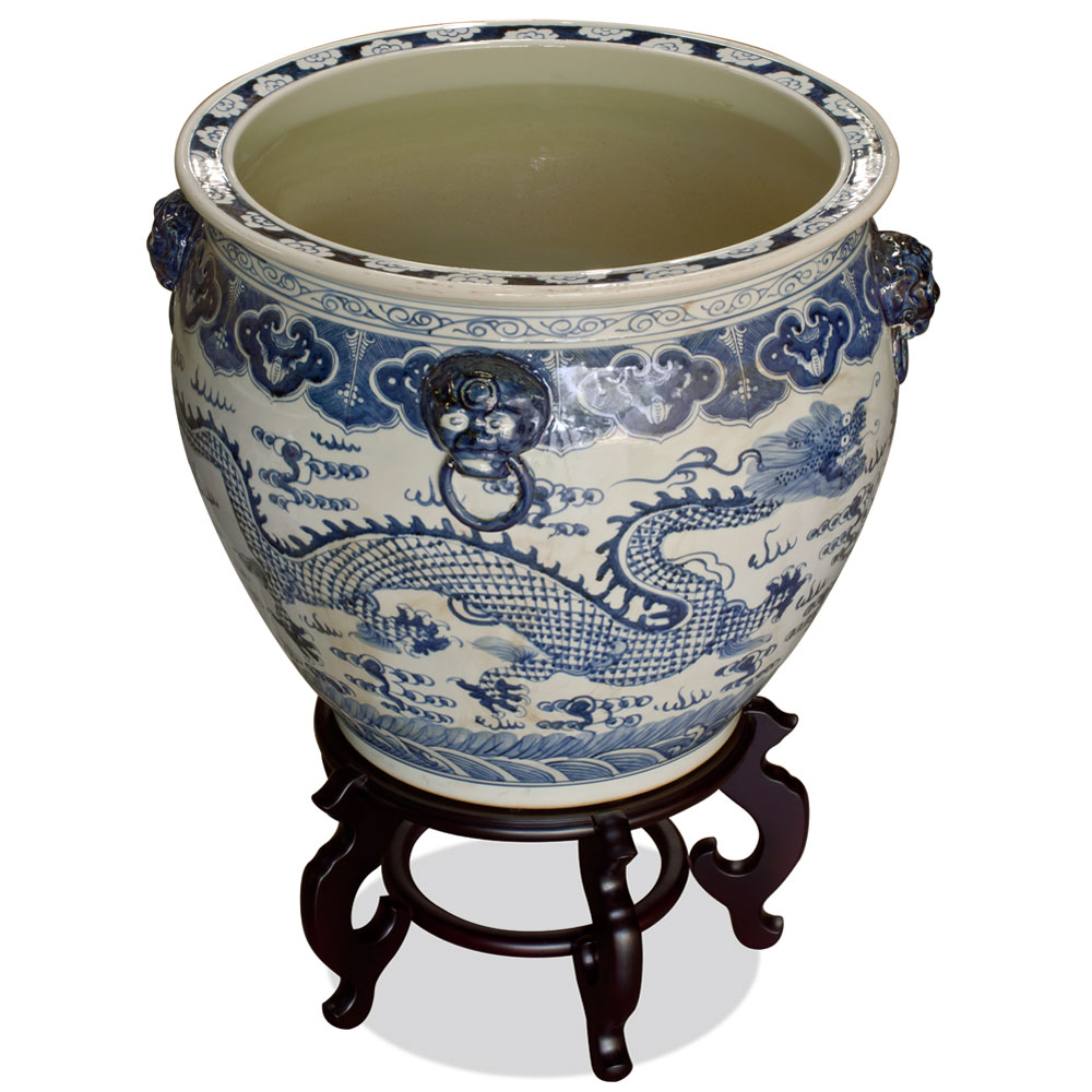 22 Inch Blue and White Porcelain Imperial Dragon Chinese Fishbowl Planter