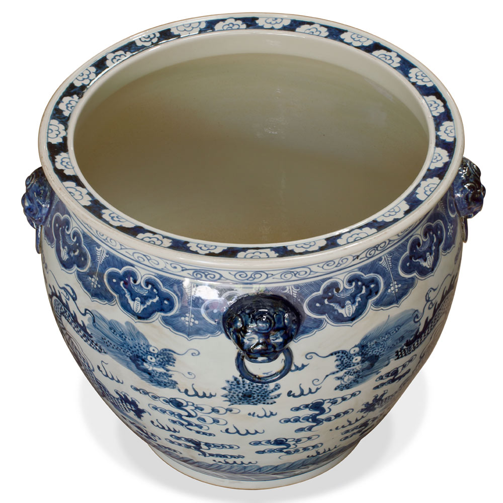 22 Inch Blue and White Porcelain Imperial Dragon Chinese Fishbowl Planter