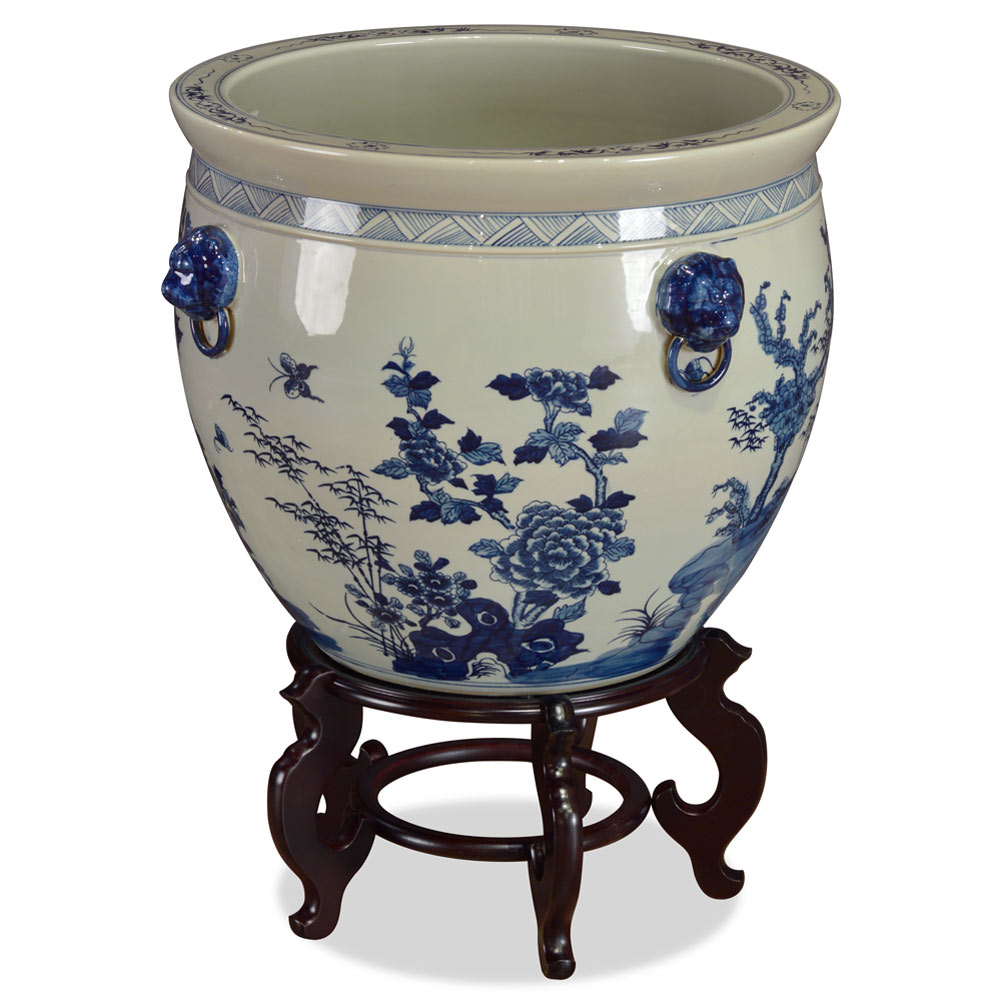 22 Inch Blue and White Porcelain Bird and Flower Chinese Fishbowl Planter