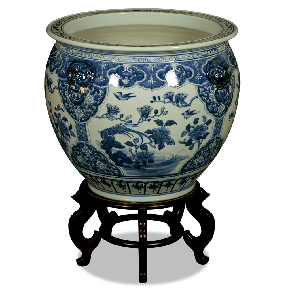 22 Inch Blue and White Porcelain Bird and Flower Chinese Fishbowl Planter